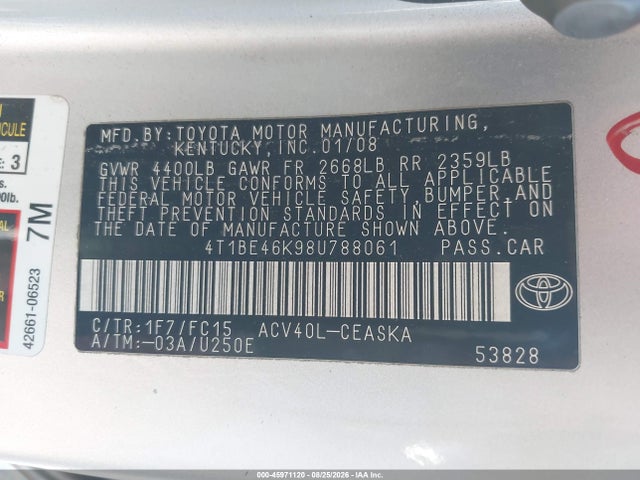 Продаж на аукціоні авто 2008 Toyota Camry Se, vin: 4T1BE46K98U788061, номер лоту: 45971120