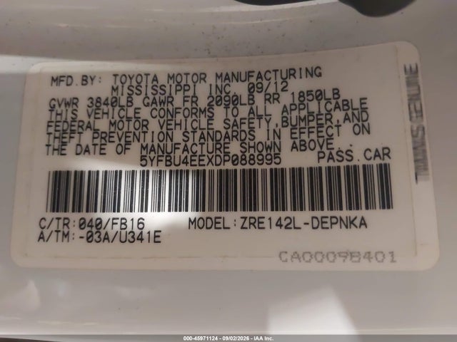 45971124 :رقم المزاد ، 5YFBU4EEXDP088995 vin ، 2013 Toyota Corolla Le مزاد بيع