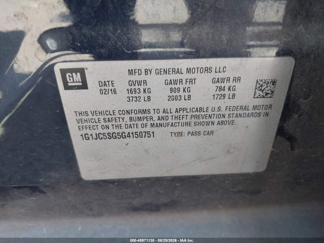 Chevrolet Sonic Lt Auto 2016 1G1JC5SG5G4150751 Image 9