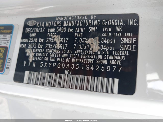 Продажа на аукционе авто 2018 Kia Sorento 2.4l Lx, vin: 5XYPGDA35JG425977, номер лота: 45971150