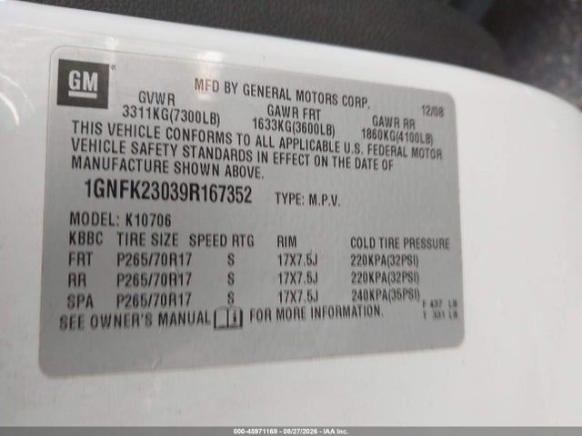 Aukcja sprzedaży 2009 Chevrolet Tahoe Lt1, vin: 1GNFK23039R167352, numer aukcji: 45971169