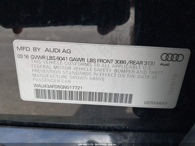 Aukcja sprzedaży 2016 Audi A8 L 4.0t Sport, vin: WAU43AFD5GN017721, numer aukcji: 45971178