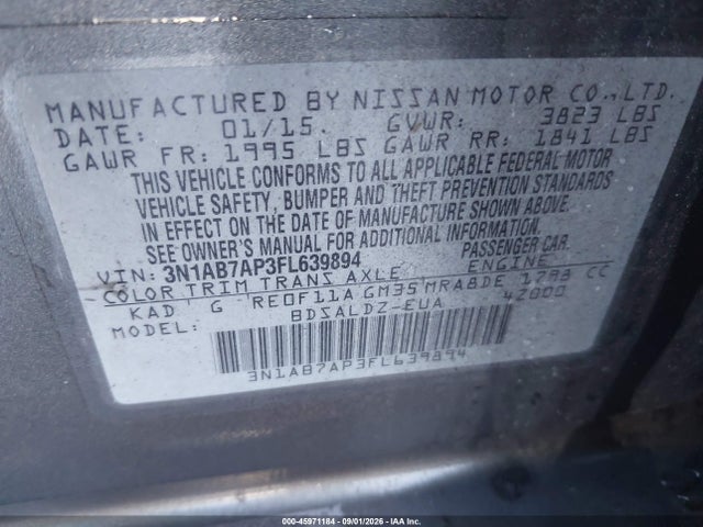 2015 Nissan Sentra Fe+ S/s/sl/sr/sv მანქანა იყიდება აუქციონზე, vin: 3N1AB7AP3FL639894, აუქციონის ნომერი: 45971184