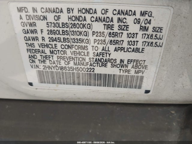 Aukcja sprzedaży 2005 Acura Mdx, vin: 2HNYD18635H500222, numer aukcji: 45971185