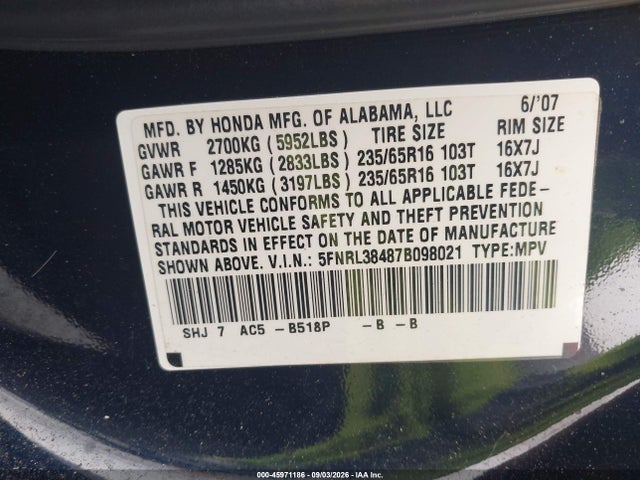 Aukcja sprzedaży 2007 Honda Odyssey Ex, vin: 5FNRL38487B098021, numer aukcji: 45971186