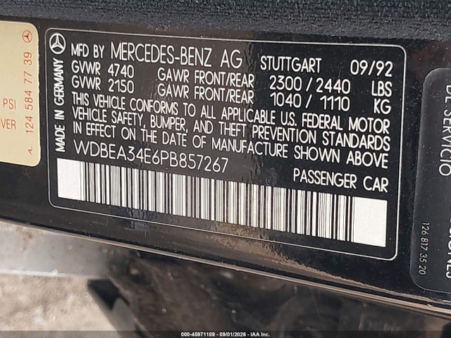 Aukcja sprzedaży 1993 Mercedes-benz 400 E, vin: WDBEA34E6PB857267, numer aukcji: 45971189