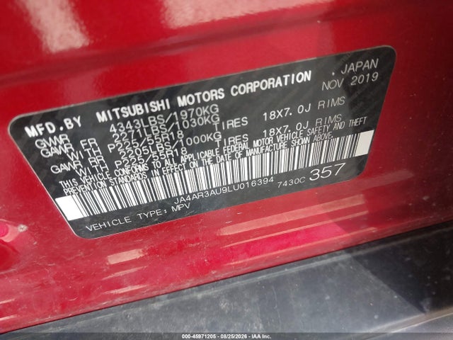 2020 Mitsubishi Outlander Sport 2.0 Es Awc მანქანა იყიდება აუქციონზე, vin: JA4AR3AU9LU016394, აუქციონის ნომერი: 45971205