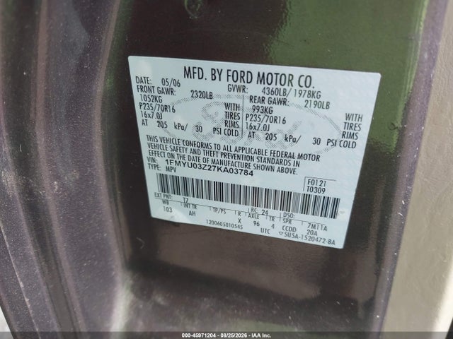 2007 Ford Escape Xlt მანქანა იყიდება აუქციონზე, vin: 1FMYU03Z27KA03784, აუქციონის ნომერი: 45971204