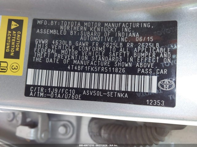 Aukcja sprzedaży 2015 Toyota Camry Le, vin: 4T4BF1FK5FR511826, numer aukcji: 45971210