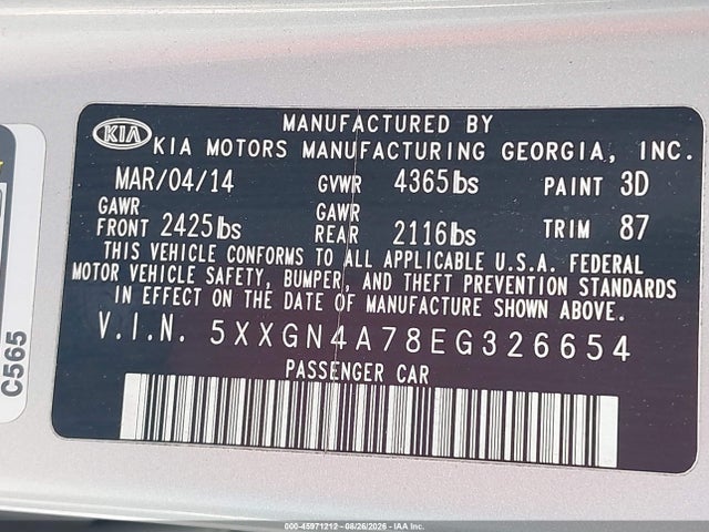 Aukcja sprzedaży 2014 Kia Optima Ex, vin: 5XXGN4A78EG326654, numer aukcji: 45971212