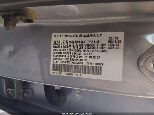 45971220 :رقم المزاد ، 5FPYK3F71KB033751 vin ، 2019 Honda Ridgeline Rtl-e مزاد بيع