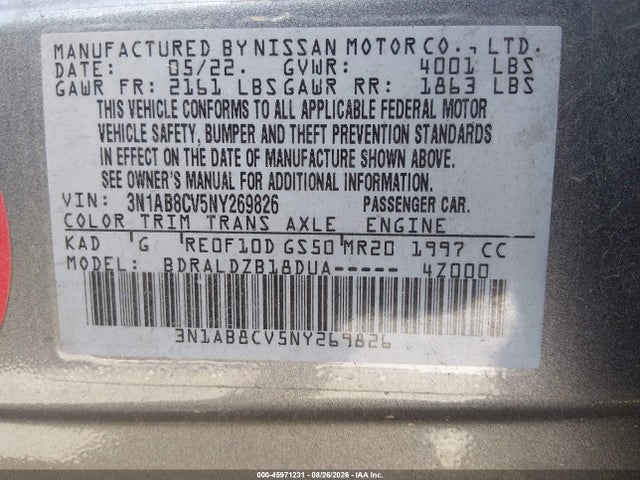 45971231 :رقم المزاد ، 3N1AB8CV5NY269826 vin ، 2022 Nissan Sentra Sv Xtronic Cvt مزاد بيع