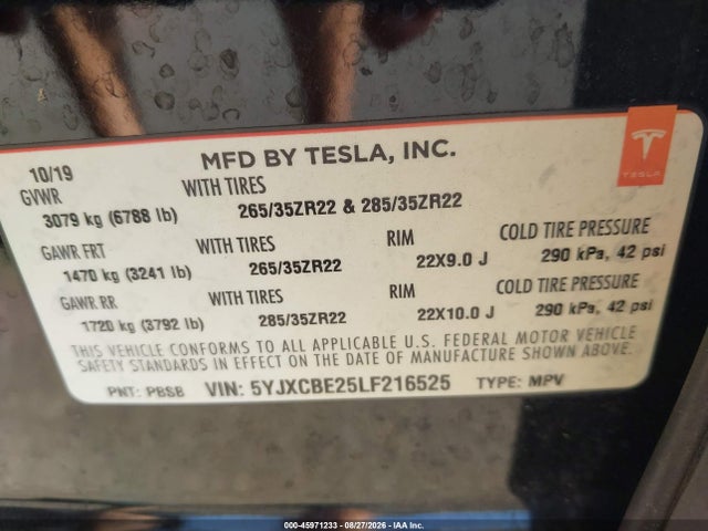 Tesla MODEL X 2020 5YJXCBE25LF216525 Image 9