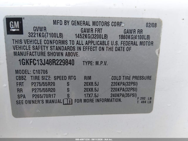 Aukcja sprzedaży 2008 Gmc Yukon Slt, vin: 1GKFC13J48R229840, numer aukcji: 45971235