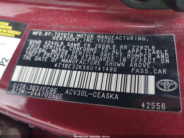 Aukcja sprzedaży 2006 Toyota Camry Se, vin: 4T1BE32KX6U141486, numer aukcji: 45971239