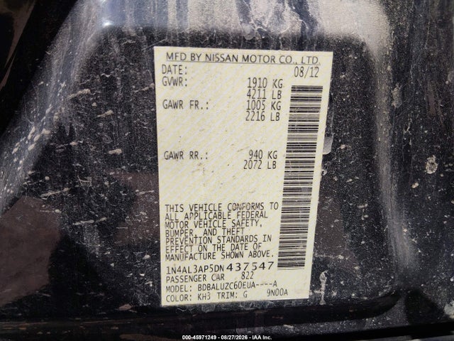 2013 Nissan Altima 2.5 Sv მანქანა იყიდება აუქციონზე, vin: 1N4AL3AP5DN437547, აუქციონის ნომერი: 45971249