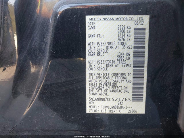 Aukcja sprzedaży 2012 Nissan Xterra X, vin: 5N1AN0NU7CC521765, numer aukcji: 45971273