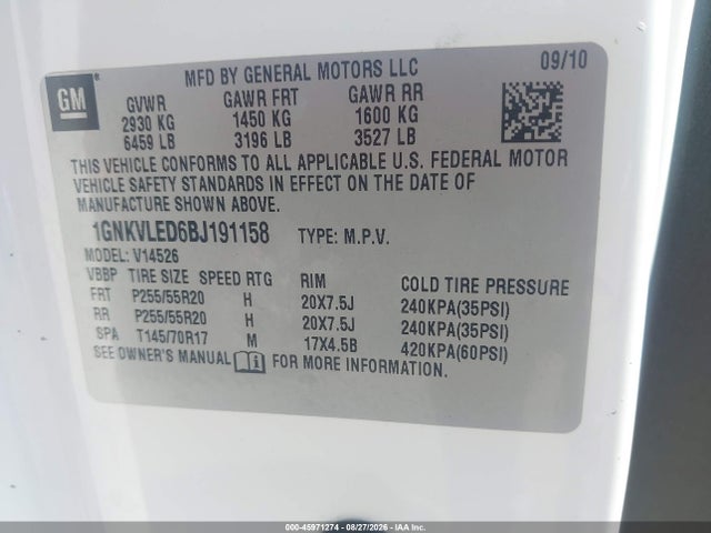 2011 Chevrolet Traverse Ltz მანქანა იყიდება აუქციონზე, vin: 1GNKVLED6BJ191158, აუქციონის ნომერი: 45971274