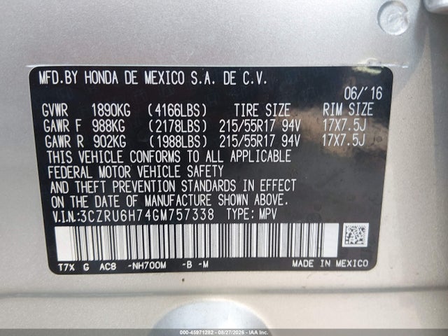 45971282 :رقم المزاد ، 3CZRU6H74GM757338 vin ، 2016 Honda Hr-v Ex-l مزاد بيع