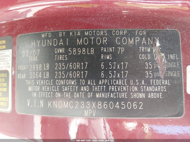 2008 Hyundai Entourage Gls/limited მანქანა იყიდება აუქციონზე, vin: KNDMC233X86045062, აუქციონის ნომერი: 45971288