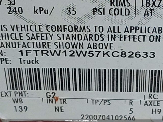 Aukcja sprzedaży 2007 Ford F-150 Xlt, vin: 1FTRW12W57KC82633, numer aukcji: 45971298