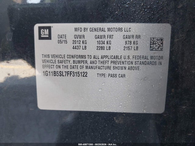 45971300 :رقم المزاد ، 1G11B5SL7FF315122 vin ، 2015 Chevrolet Malibu Ls مزاد بيع