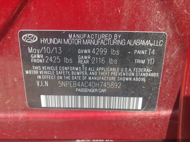 Продажа на аукционе авто 2013 Hyundai Sonata Gls, vin: 5NPEB4AC4DH745892, номер лота: 45971301