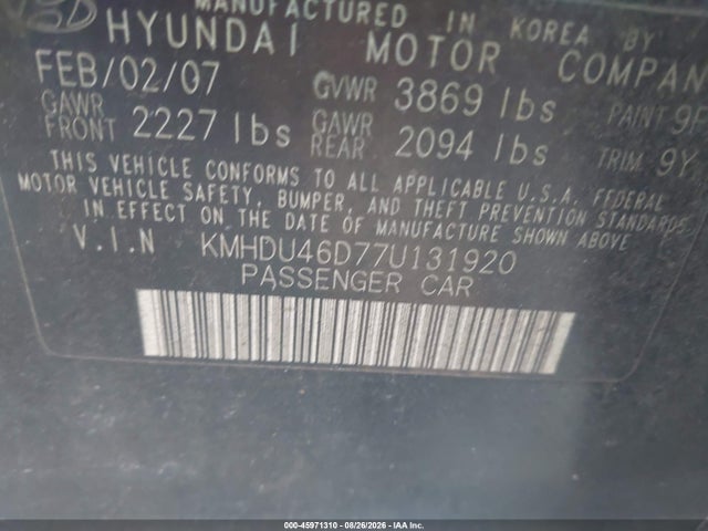 2007 Hyundai Elantra მანქანა იყიდება აუქციონზე, vin: KMHDU46D77U131920, აუქციონის ნომერი: 45971310