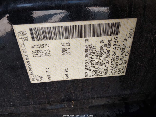 45971325 :رقم المزاد ، 1N4AA51E59C844836 vin ، 2009 Nissan Maxima 3.5 Sv مزاد بيع