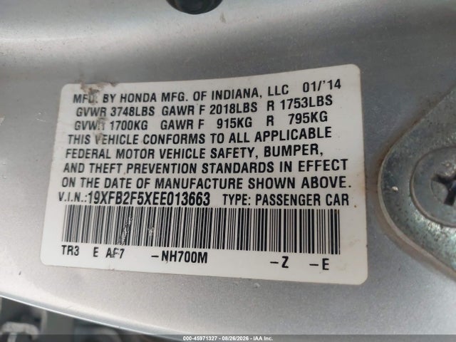 45971327 :رقم المزاد ، 19XFB2F5XEE013663 vin ، 2014 Honda Civic Lx مزاد بيع