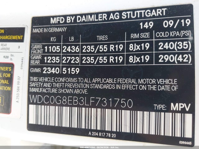 45971354 :رقم المزاد ، WDC0G8EB3LF731750 vin ، 2020 Mercedes-benz Glc 300 4matic مزاد بيع