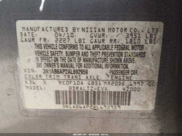 Aukcja sprzedaży 2010 Nissan Sentra 2.0s, vin: 3N1AB6AP2AL692959, numer aukcji: 45971357