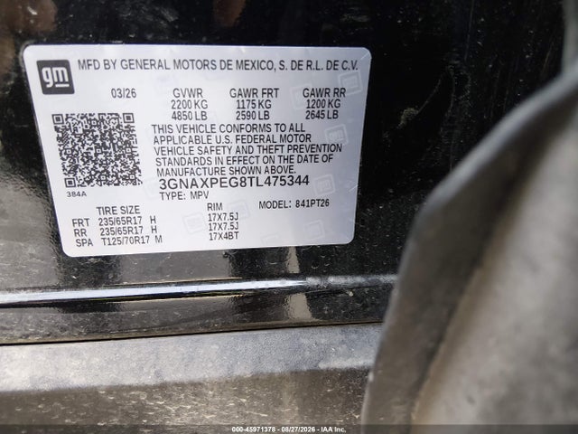 45971378 :رقم المزاد ، 3GNAXPEG8TL475344 vin ، 2026 Chevrolet Equinox Awd Lt مزاد بيع