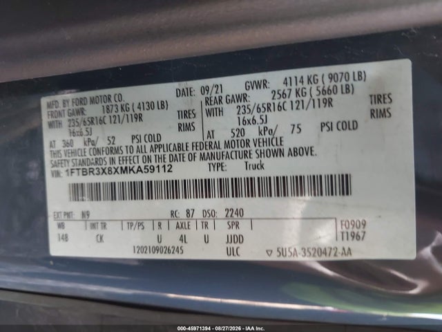45971394 :رقم المزاد ، 1FTBR3X8XMKA59112 vin ، 2021 Ford Transit-250 Cargo Van مزاد بيع