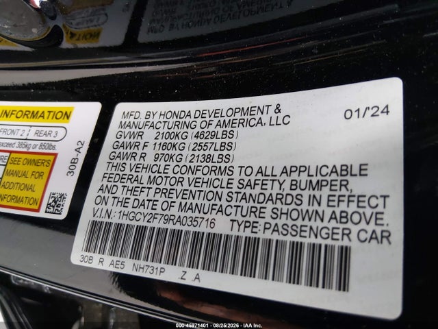 Aukcja sprzedaży 2024 Honda Accord Hybrid Sport-l, vin: 1HGCY2F79RA035716, numer aukcji: 45971401