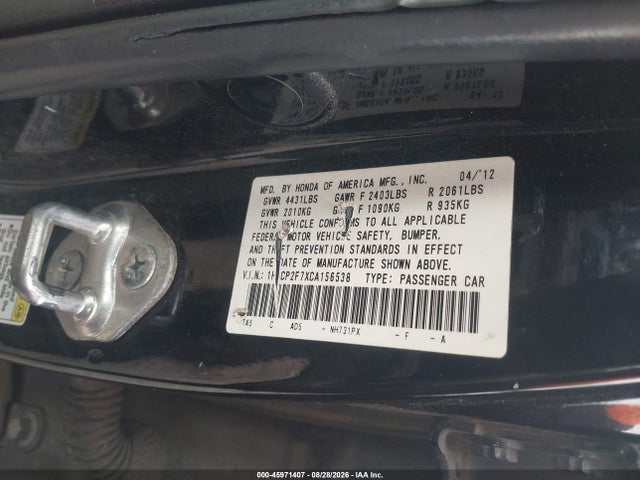 2012 Honda Accord 2.4 Ex მანქანა იყიდება აუქციონზე, vin: 1HGCP2F7XCA156538, აუქციონის ნომერი: 45971407
