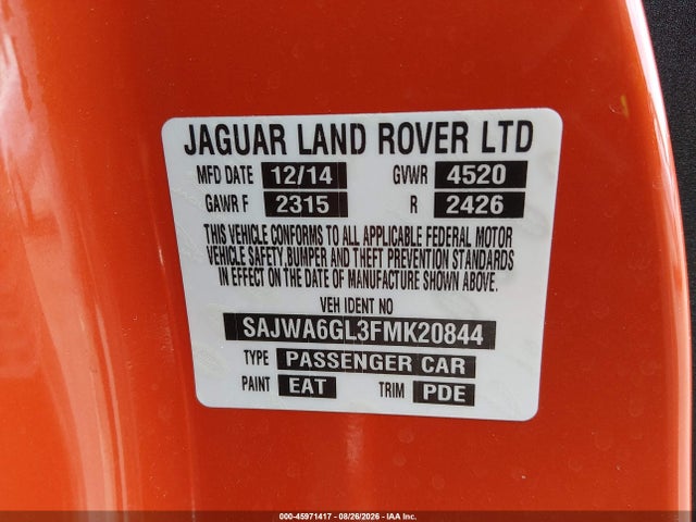 Продаж на аукціоні авто 2015 Jaguar F-type V8 S, vin: SAJWA6GL3FMK20844, номер лоту: 45971417