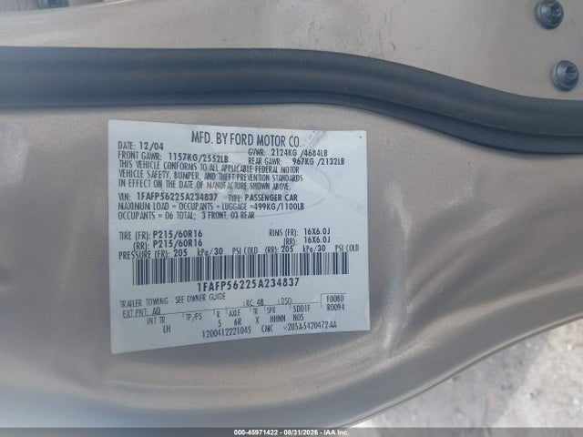 Продажа на аукционе авто 2005 Ford Taurus Sel, vin: 1FAFP56225A234837, номер лота: 45971422