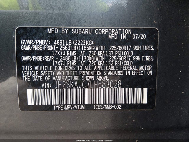 45971430 :رقم المزاد ، JF2SKAJC7LH583028 vin ، 2020 Subaru Forester Premium مزاد بيع