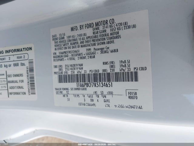 Продаж на аукціоні авто 2019 Ford Mustang Gt Premium, vin: 1FA6P8CF7K5134651, номер лоту: 45971438