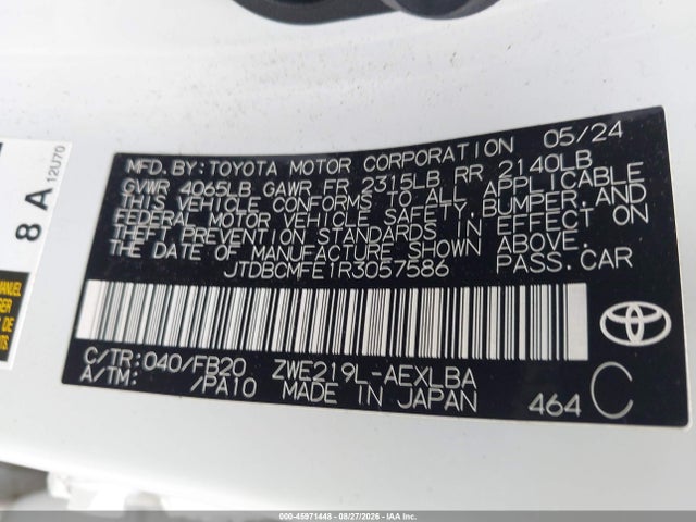 Продаж на аукціоні авто 2024 Toyota Corolla Hybrid Le, vin: JTDBCMFE1R3057586, номер лоту: 45971448