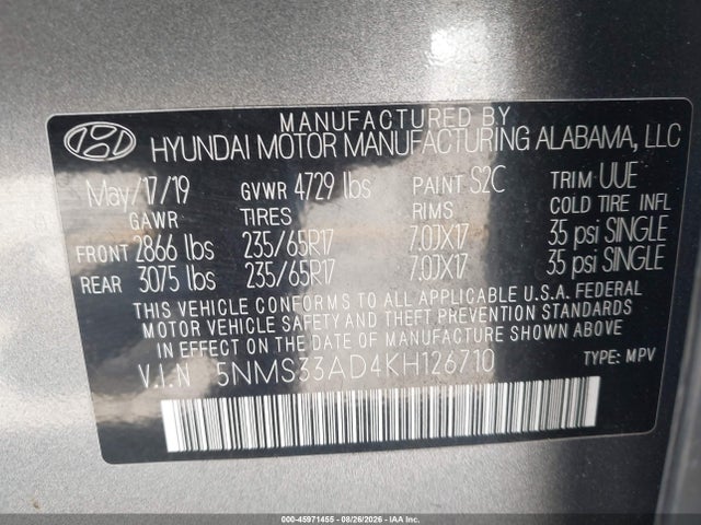 Продажа на аукционе авто 2019 Hyundai Santa Fe Sel, vin: 5NMS33AD4KH126710, номер лота: 45971455
