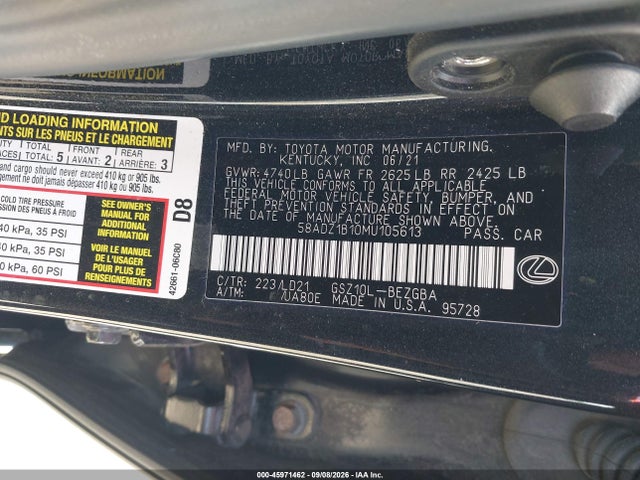 Aukcja sprzedaży 2021 Lexus Es 350, vin: 58ADZ1B10MU105613, numer aukcji: 45971462