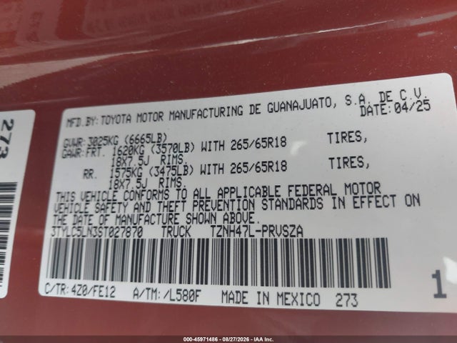 2025 Toyota Tacoma Hybrid Trd Sport 4wd მანქანა იყიდება აუქციონზე, vin: 3TYLC5LN3ST027870, აუქციონის ნომერი: 45971486
