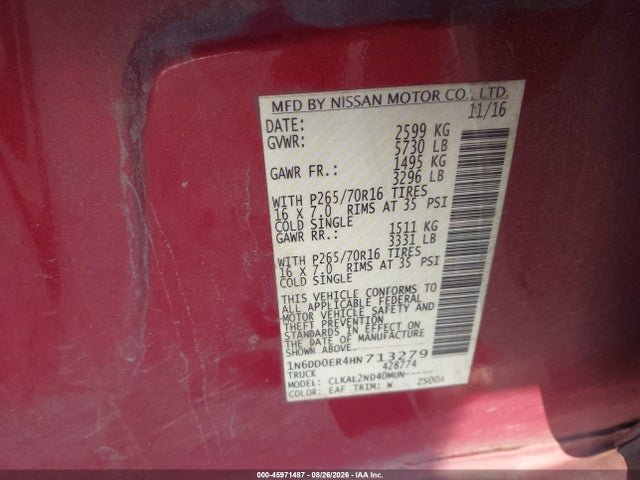Продаж на аукціоні авто 2017 Nissan Frontier Sv, vin: 1N6DD0ER4HN713279, номер лоту: 45971487