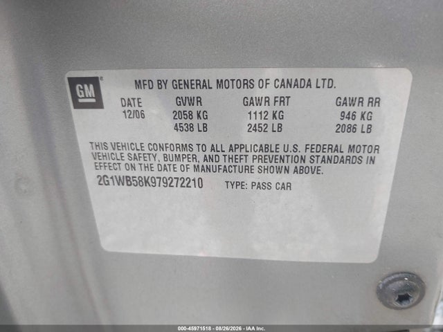 Aukcja sprzedaży 2007 Chevrolet Impala Ls, vin: 2G1WB58K979272210, numer aukcji: 45971518