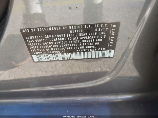 Aukcja sprzedaży 2012 Volkswagen Jetta 2.5l Se, vin: 3VWDP7AJ3CM388143, numer aukcji: 45971522