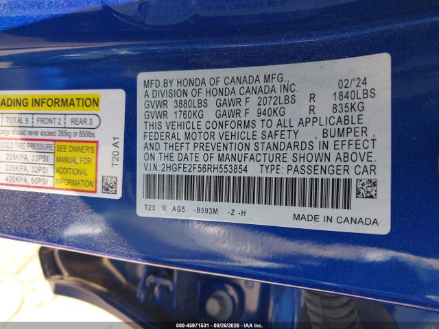 45971531 :رقم المزاد ، 2HGFE2F56RH553854 vin ، 2024 Honda Civic Sport مزاد بيع