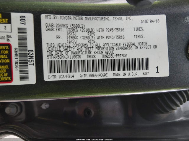 Aukcja sprzedaży 2018 Toyota Tacoma Sr, vin: 5TFAX5GNXJX118838, numer aukcji: 45971536
