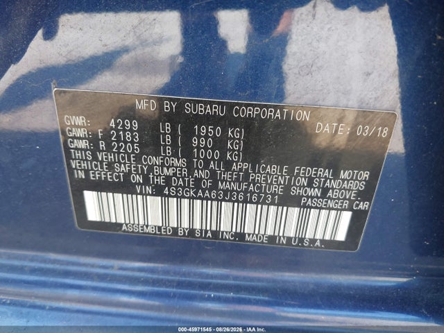 2018 Subaru Impreza 2.0i მანქანა იყიდება აუქციონზე, vin: 4S3GKAA63J3616731, აუქციონის ნომერი: 45971545